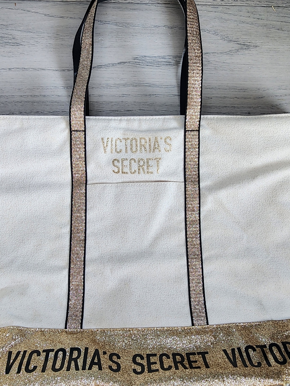 Victoria’s Secret White & Gold Glitter Canvas Tote Bag - Picture 2 of 7
